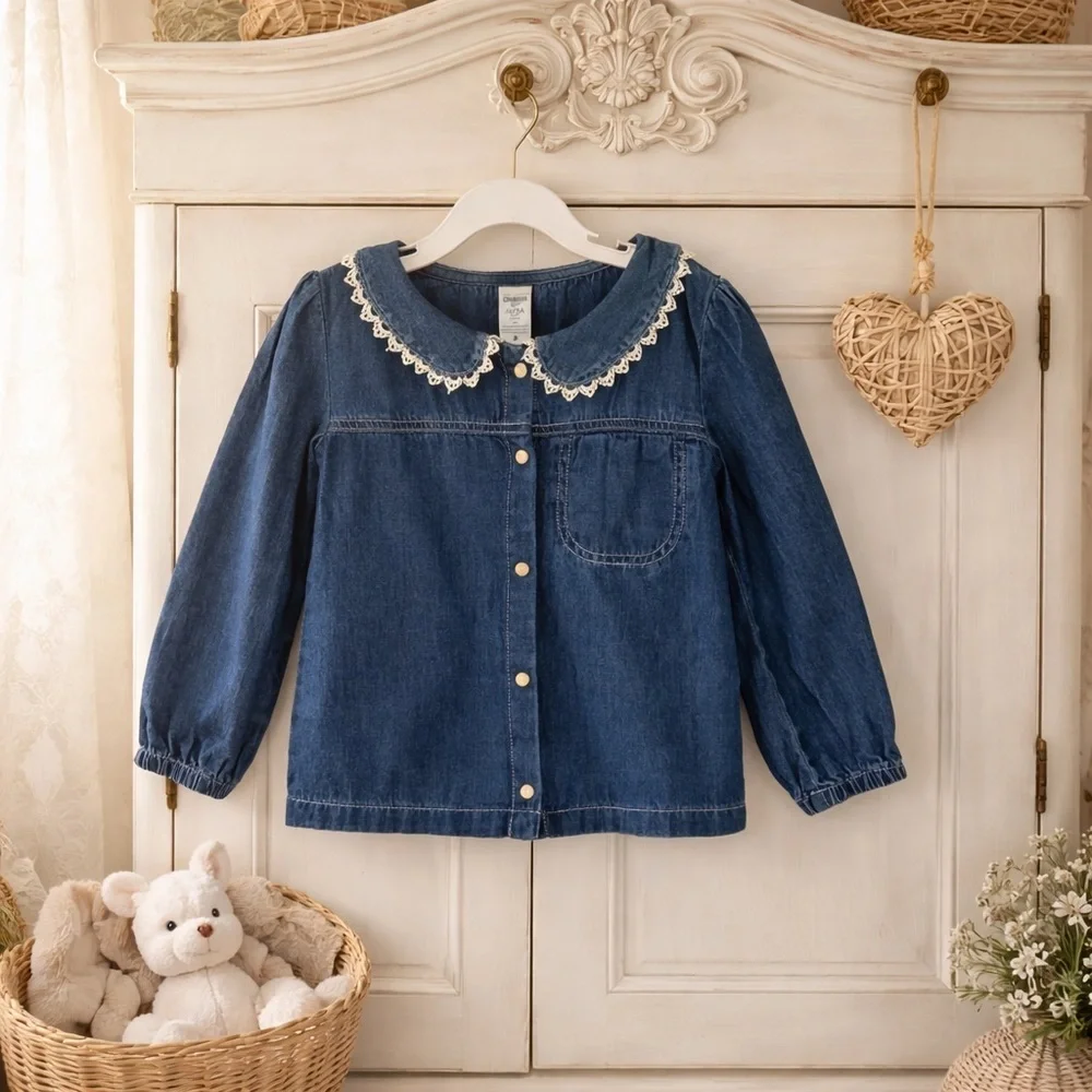 OshKosh B’gosh Girls Denim Button-Up Top w/ Lace Collar – Size 5T